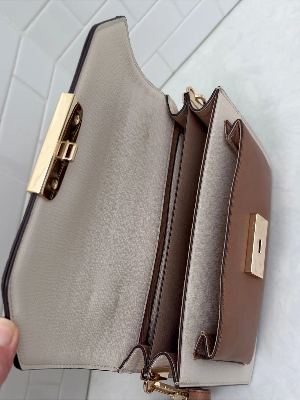 Ted Baker London Riley 2 tone Cream Brown Top-Handle Satchel Crossbody